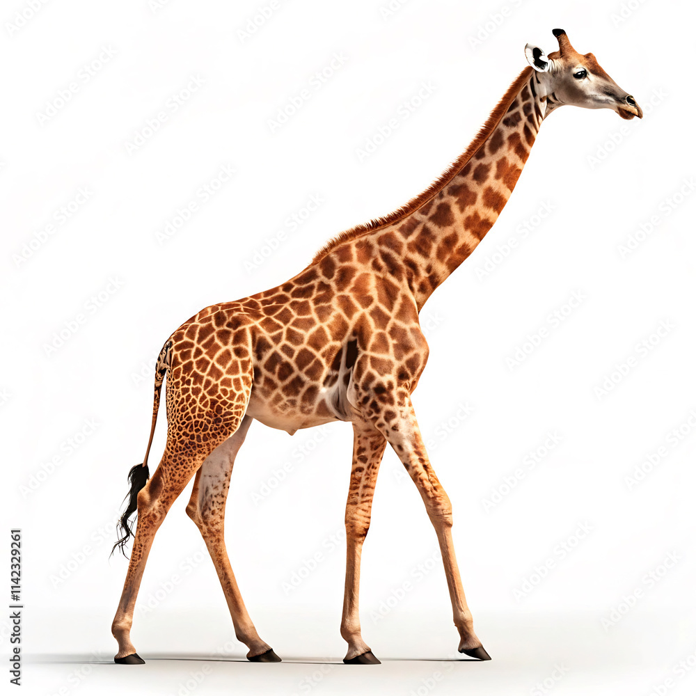Obraz premium a giraffe is walking on a white background with a picture of a giraffe.