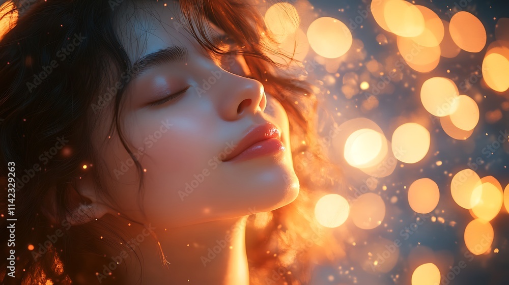 Serene Woman Illuminated by Warm Golden Lights Serene Woman Illuminated by Warm Golden Lights