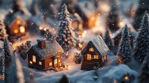 Snow falling on illuminated christmas village houses at night