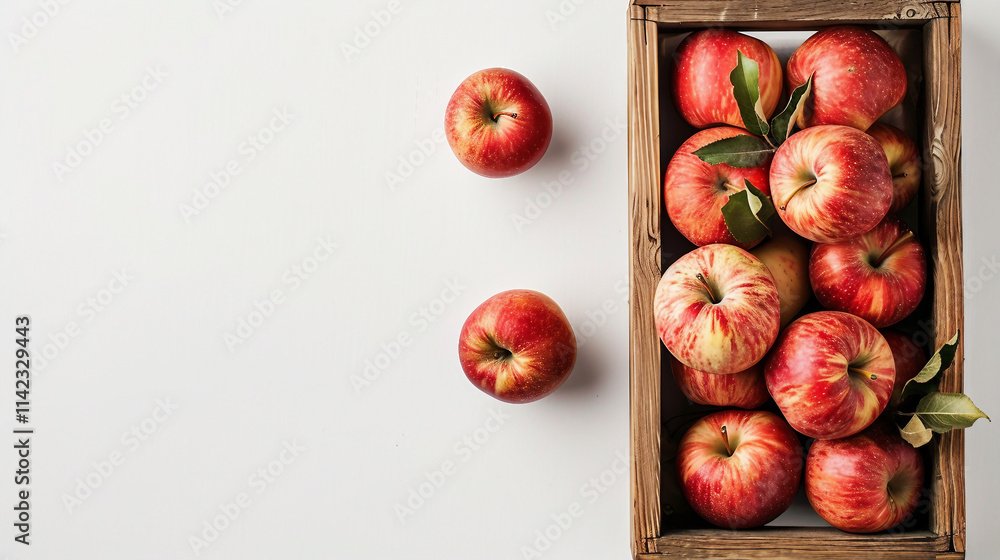 Ripe red apples neatly arranged in a rustic wooden box, captured from a top view, offering a vibrant and seasonal representation of healthy food and fresh produce, ideal for fall and autumn themes. Ripe red apples neatly arranged in a rustic wooden box, captured from a top view, offering a vibrant and seasonal representation of healthy food and fresh produce, ideal for fall and autumn themes.