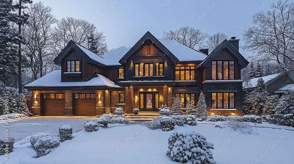 Elegant winter home with snow-covered landscape. Elegant winter home with snow-covered landscape.