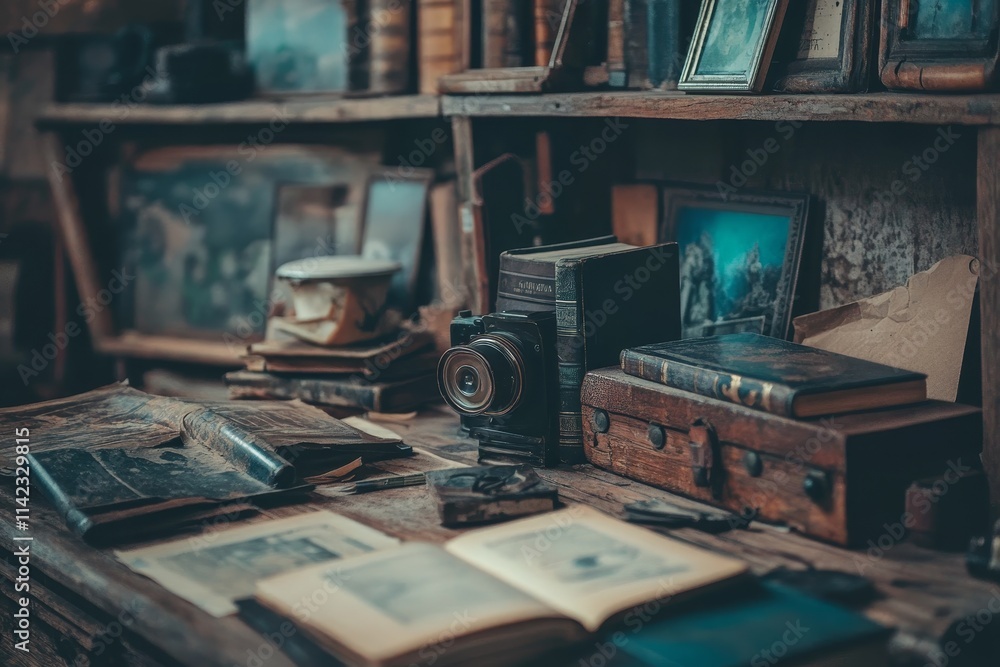 Antique camera and books on a wooden desk in a vintage study. Antique camera and books on a wooden desk in a vintage study.