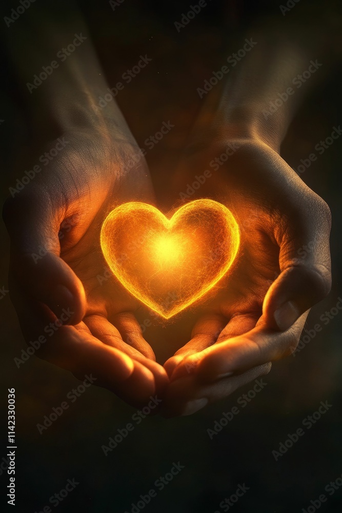 Glowing heart cradled in hands, dark background.