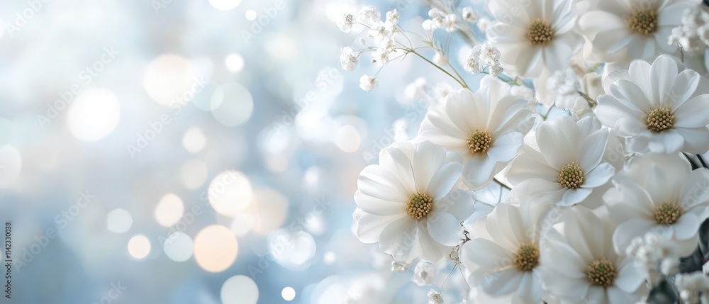 White daisies and baby's breath flowers against soft blue bokeh background, dreamy spring macro photography. Generative AI White daisies and baby's breath flowers against soft blue bokeh background, dreamy spring macro photography. Generative AI