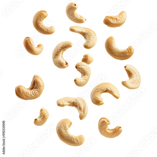 Falling Cashew Nuts Isolated on White and Transparent Background