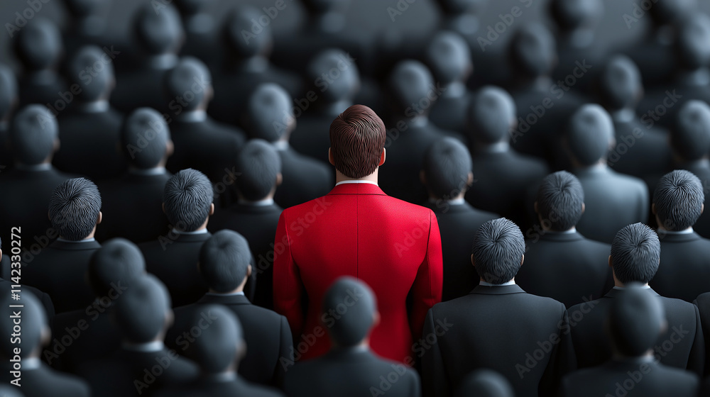 Fototapeta premium man in red suit stands out among crowd of people in black suits, symbolizing individuality and uniqueness in uniform setting
