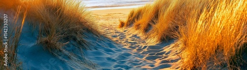 Sandy path through golden beach grass leading to ocean at sunset, natural beach pathway with evening light. Generative AI