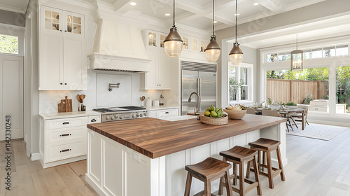 A kitchen with a wooden island and a large window. The kitchen is clean and well-lit, with a modern design. Scene is warm and inviting