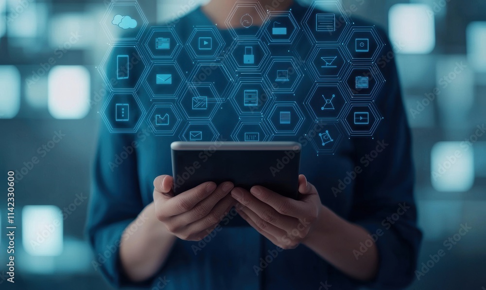 Woman Using Tablet with Digital Interface and Technology Icons Woman Using Tablet with Digital Interface and Technology Icons