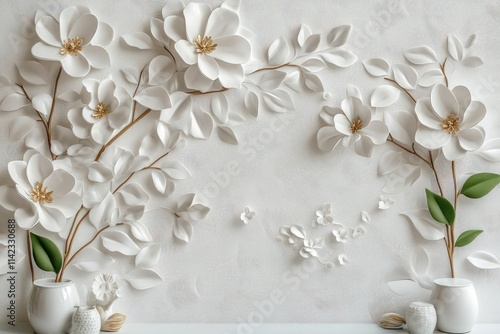 Elegant 3D white floral wall art with gold accents and green leaves in vases.
