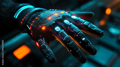 Futuristic robotic hand with glowing lights.