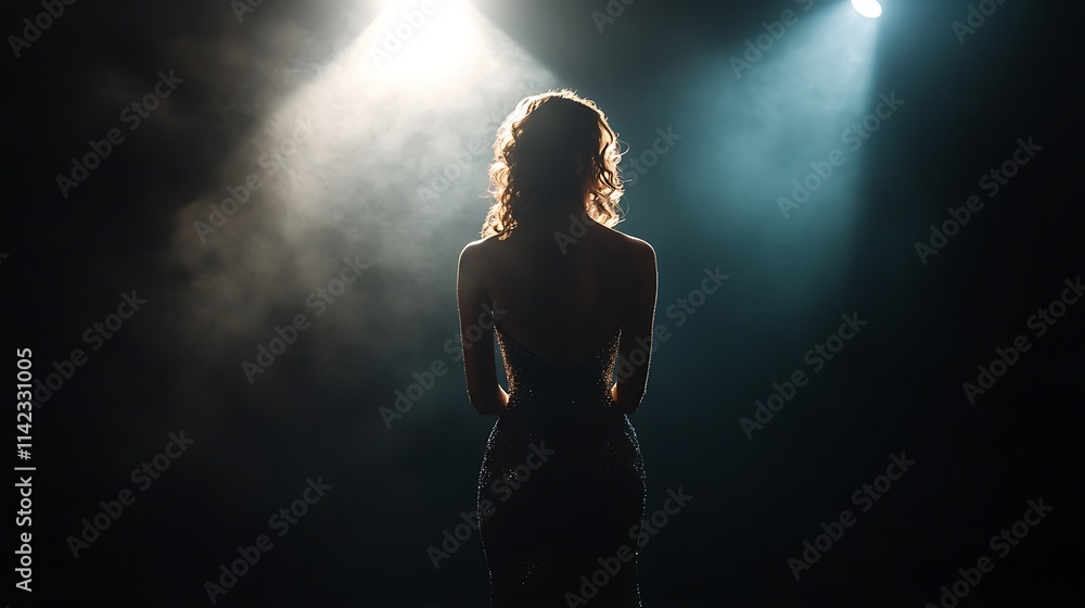 Female model in a cocktail dress, standing elegantly with soft spotlights,
