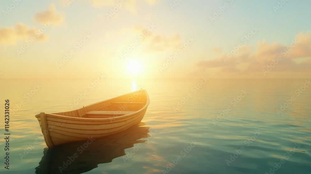 Serene wooden boat floating on calm sea waters during breathtaking sunrise with soft clouds and warm golden light reflections Serene wooden boat floating on calm sea waters during breathtaking sunrise with soft clouds and warm golden light reflections
