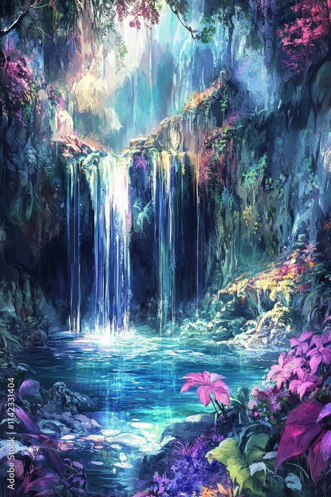Fototapeta premium Lush jungle waterfall cascades into vibrant pool.