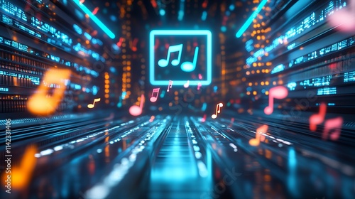 Futuristic computer image with colorful music notes, digital design, and vibrant visuals