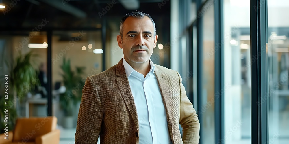 Portrait of e commerce manager standing in stylish modern office, confident expression, professional shot