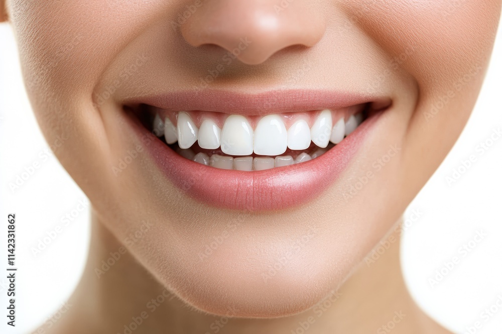 Obraz premium A bright, natural smile highlighting teeth whitening results under studio lighting. Before after.