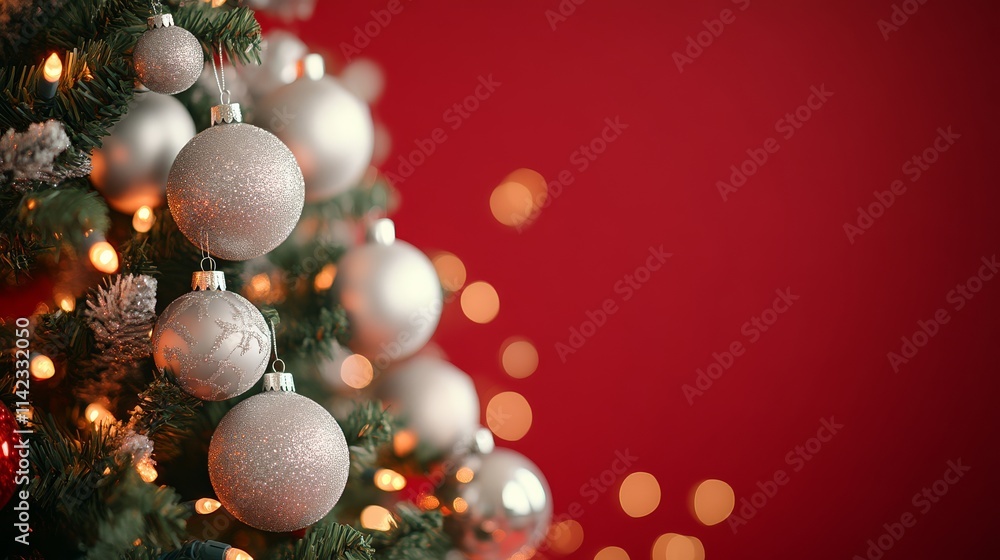 Fototapeta premium A beautifully decorated Christmas tree with silver ornaments and warm lights against a vibrant red background.