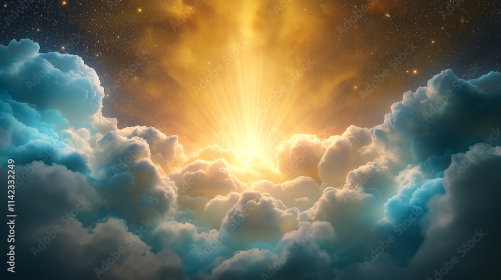 Fototapeta premium stunning celestial scene featuring vibrant clouds illuminated by golden rays of sunlight, creating serene and uplifting atmosphere