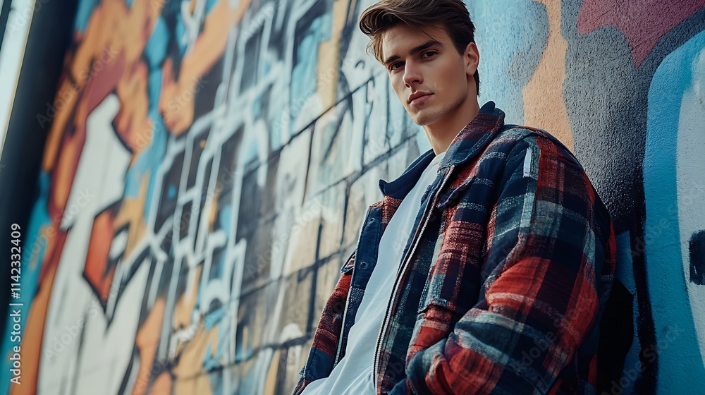 Male model exuding urban style against a graffiti covered backdrop