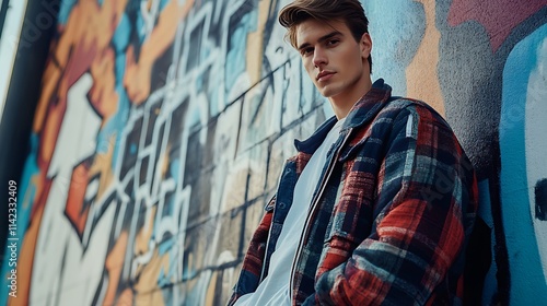 Obraz na płótnie Male model exuding urban style against a graffiti covered backdrop w salonie