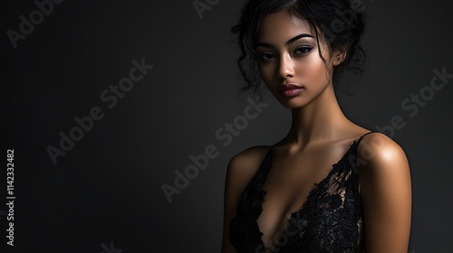 Obraz na płótnie Female model in elegant black lace dress, soft directional lighting, w salonie