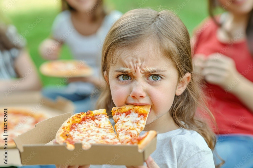 Girl Eating Pizza Outdoors With Friends Girl Eating Pizza Outdoors With Friends