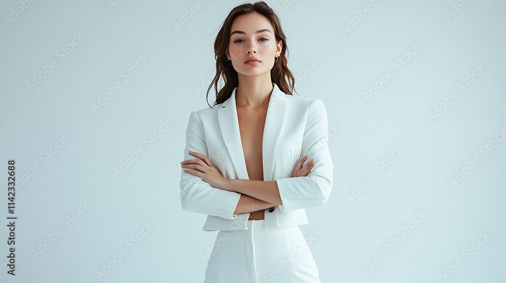 Female model in sleek white pantsuit, standing powerfully against a minimalist white backdrop