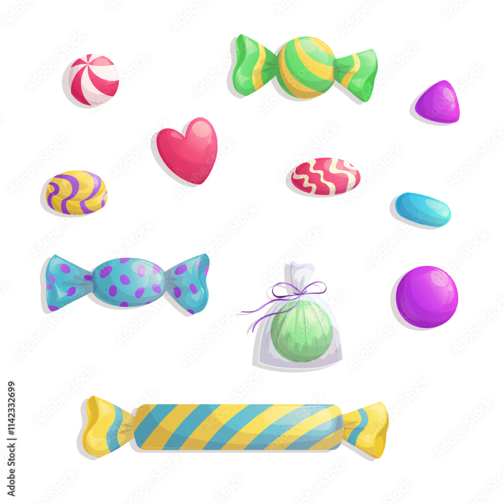 A set of lollipops of different shapes. The concept of sweet dishes, desserts and confectionery. Vector illustration on a white background for a poster, banner, postcard, advertisement. A set of lollipops of different shapes. The concept of sweet dishes, desserts and confectionery. Vector illustration on a white background for a poster, banner, postcard, advertisement.