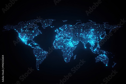 Digital dot world map with blue light on dark background.	
