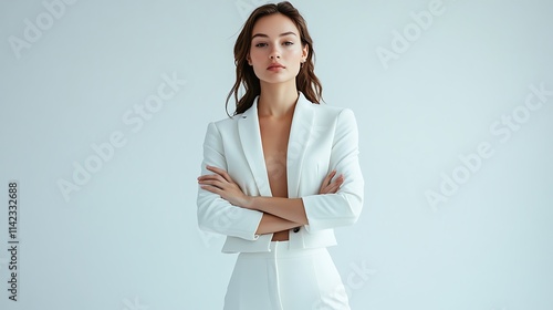 Obraz na płótnie Female model in sleek white pantsuit, standing powerfully against a minimalist white backdrop w salonie