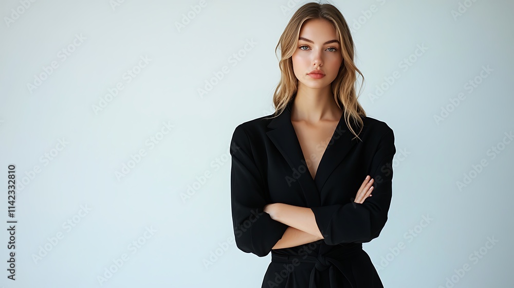 Female model in a chic black jumpsuit, posing naturally with a clean white background