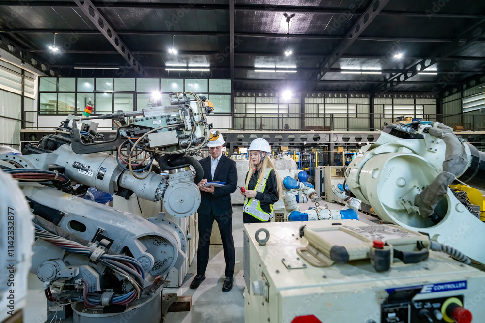 Business Professionals Observe Robotic Technology in an Industrial Facility During a Workplace Tour Business Professionals Observe Robotic Technology in an Industrial Facility During a Workplace Tour