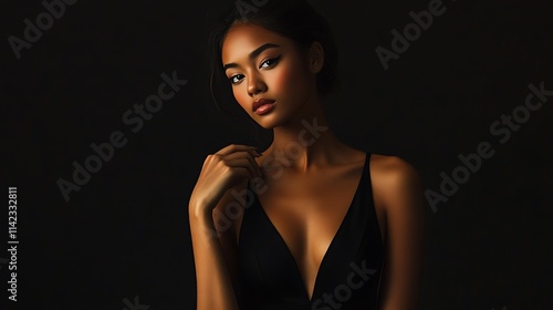 Obraz na płótnie Female model in sleek black dress, posing dramatically with high contrast lighting w salonie