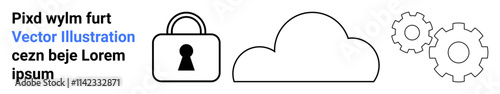 Lock and cloud icons next to gear icons. Text placeholder with dummy text on the left. Ideal for security, cloud computing, data storage, technology, IT services, system settings networking. Landing