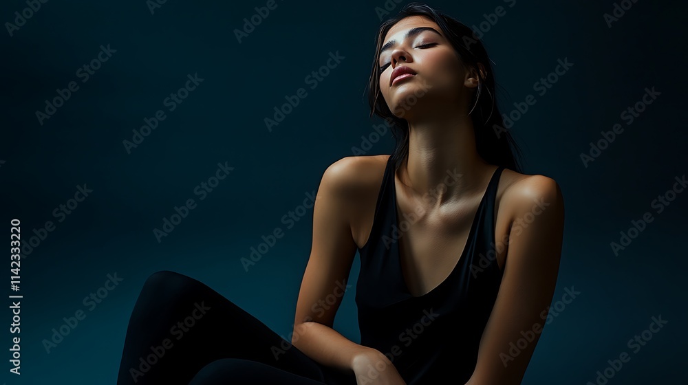 Female model in minimalist contemporary wear, posing under subtle lighting