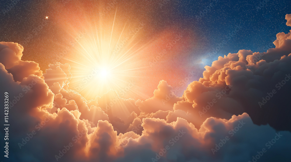 stunning celestial scene featuring radiant sunlight breaking through fluffy clouds, creating magical atmosphere filled with warmth and wonder stunning celestial scene featuring radiant sunlight breaking through fluffy clouds, creating magical atmosphere filled with warmth and wonder