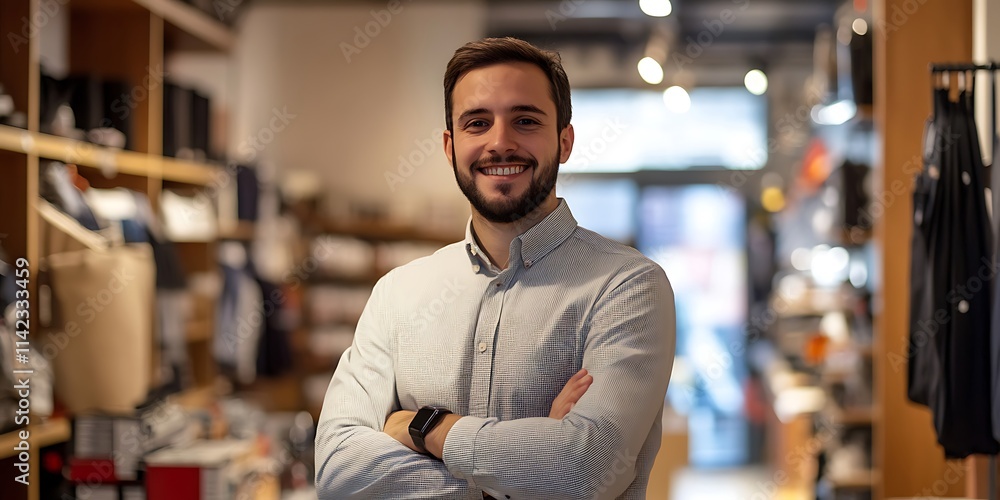 Sales associate standing confidently in a retail store, smiling portrait shot