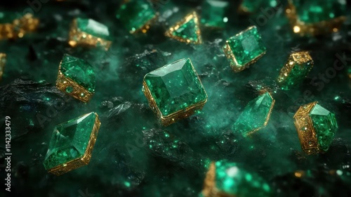 Emerald gems scattered on dark rock surface. photo