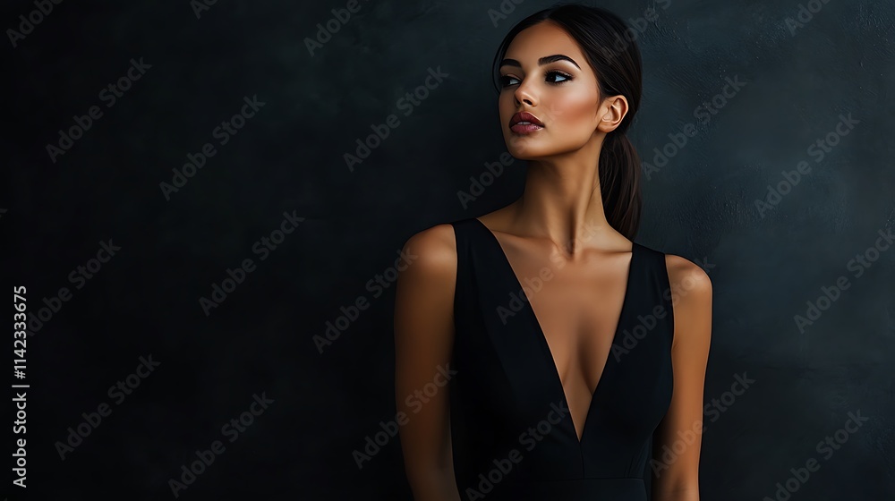 Female model in sleek black dress, standing confidently under soft studio lighting