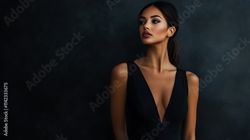 Obraz na płótnie Female model in sleek black dress, standing confidently under soft studio lighting w salonie