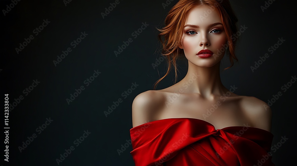 Female model in an off the shoulder red dress, posing elegantly with soft light creating an inviting atmosphere,