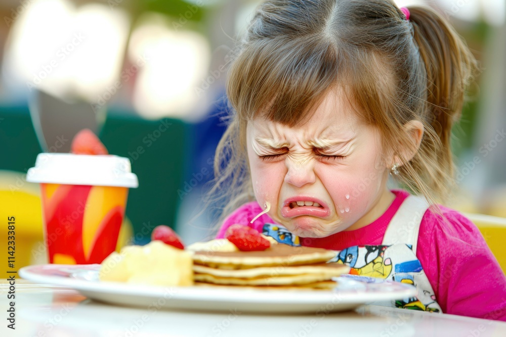 Little Girl Crying Over Pancakes And Fruit Little Girl Crying Over Pancakes And Fruit