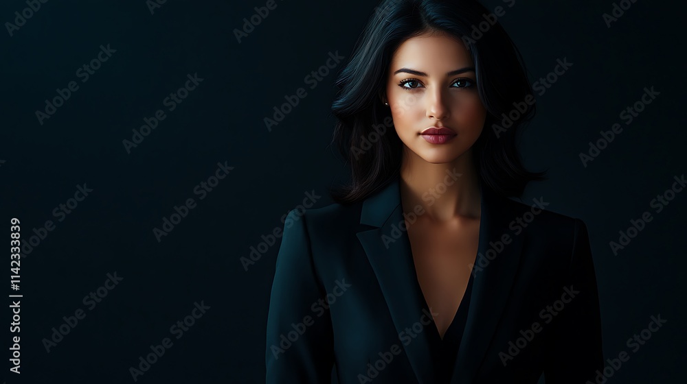Female model in sophisticated black suit, sharp modern lighting,