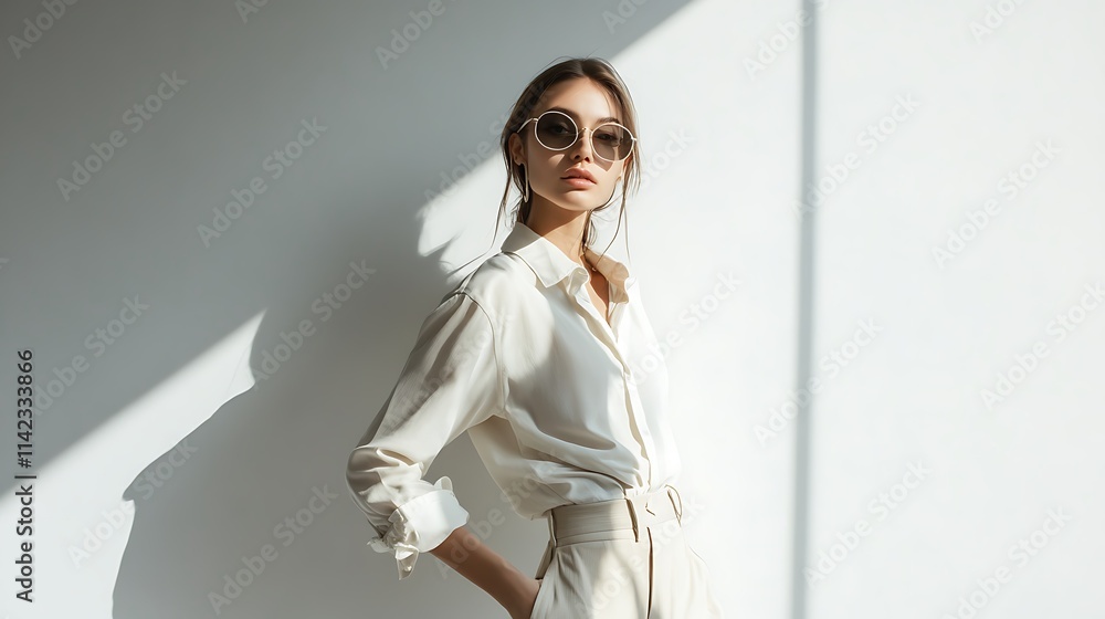 Female model in casual chic outfit, standing confidently against a minimalistic background for an advertisement