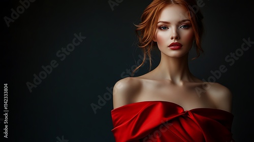 Obraz na płótnie Female model in an off the shoulder red dress, posing elegantly with soft light creating an inviting atmosphere, w salonie