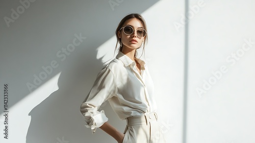 Obraz na płótnie Female model in casual chic outfit, standing confidently against a minimalistic background for an advertisement w salonie