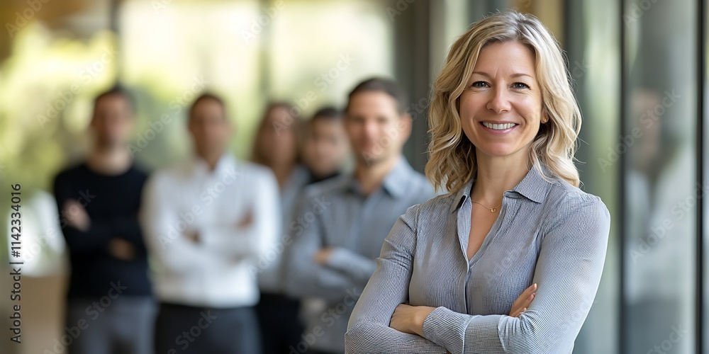 Canadian female project manager standing proudly in front of a team of employees