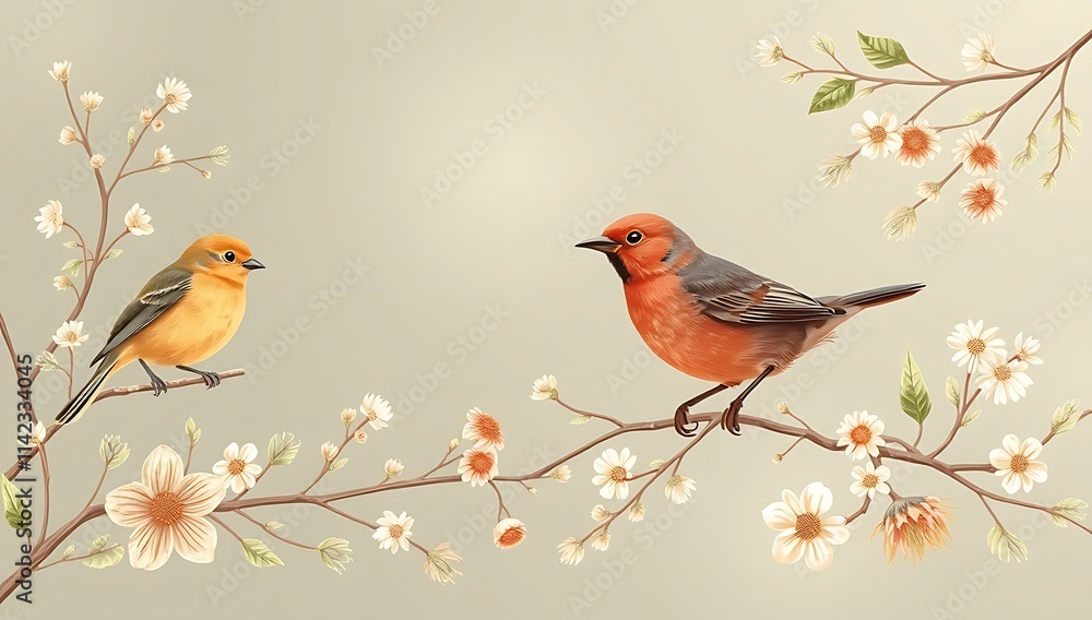 Two Birds Perched on Blooming Branches in Spring Two Birds Perched on Blooming Branches in Spring
