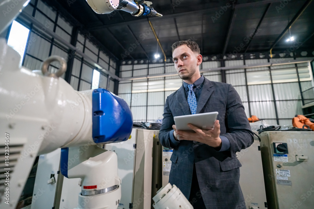 Engineer Monitors Robotic Arm Operation in Modern Industrial Facility Engineer Monitors Robotic Arm Operation in Modern Industrial Facility